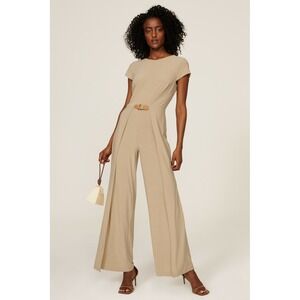 Lauren Ralph Lauren Tan Wide Leg Jumpsuit Size 8 Cap Sleeve Buckle Accent Modest